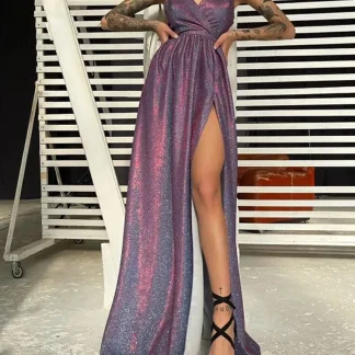 Fashion V Neck Backless Sequin Strap Dresses Spring Women Sleeveless Camisole Dress Summer High Waist Zipper Split Long Dress