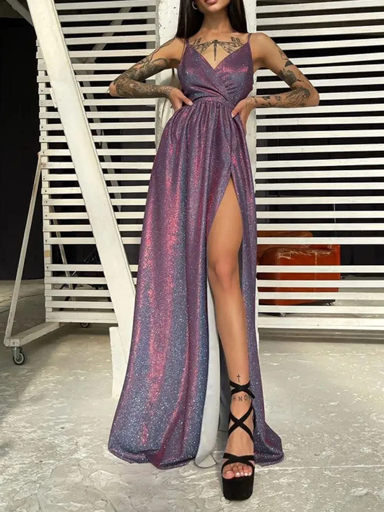 Fashion V Neck Backless Sequin Strap Dresses Spring Women Sleeveless Camisole Dress Summer High Waist Zipper Split Long Dress