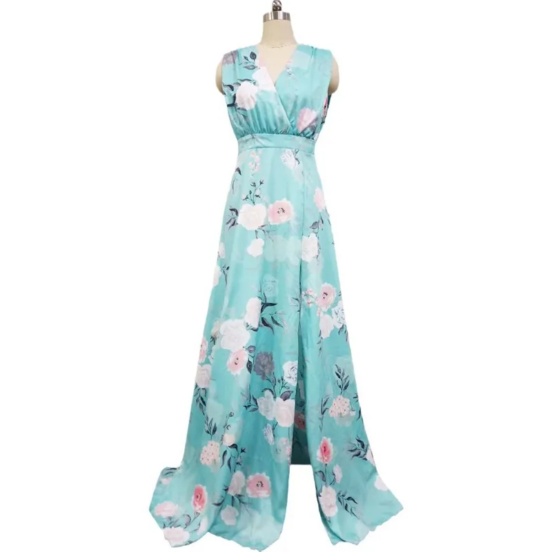 Spring Summer New Women's Clothing V-neck Sleeveless Printed Backless Large Swing Dress Hihg Waist Loose Dress - Image 5