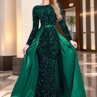 Romagic Modest Stretch Sequin Full Sleeve Evening Party Gown Mermaid Formal Prom Dress Detachable Train Elegant Dresses 2025