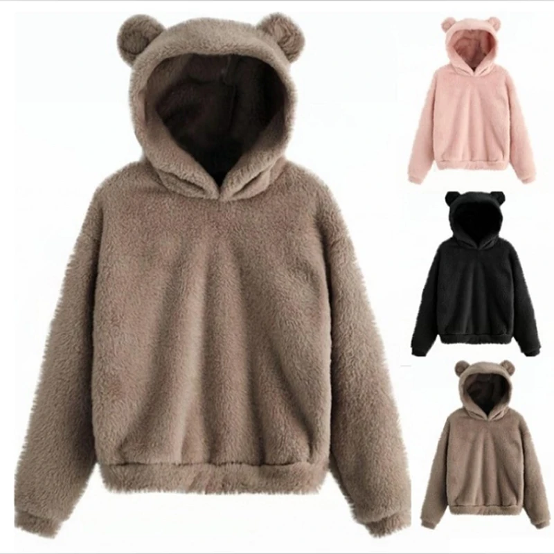 Autumn Winter Women's Hoodies Winter Women Long Sleeve Rabbit Ear Hood Sweatshirt Cute Plush Warm Casual Hoodie Tops