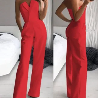 Women Jumpsuits One Piece Slash Neck Sleeveless Rompers Overalls Solid Color Straight Pants Pockets Spliced High Street Sexy
