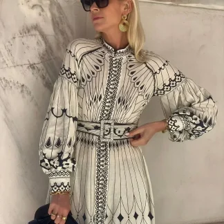 Retro Elegant Stand Collar Long Dress Women Spring Pattern Print Belted Buckle Party Dress Autumn Long Sleeve A-Line Boho Dress
