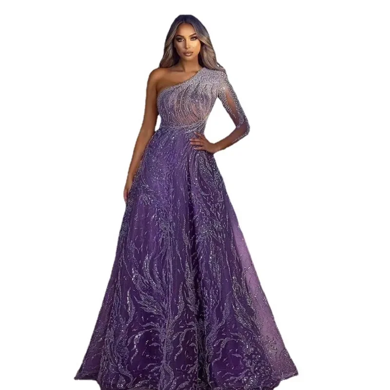 2025 Spring Summer New Women's Clothing Gold Shoulder Long Sleeve Split Dress Slim Fit Formal Dress - Image 4