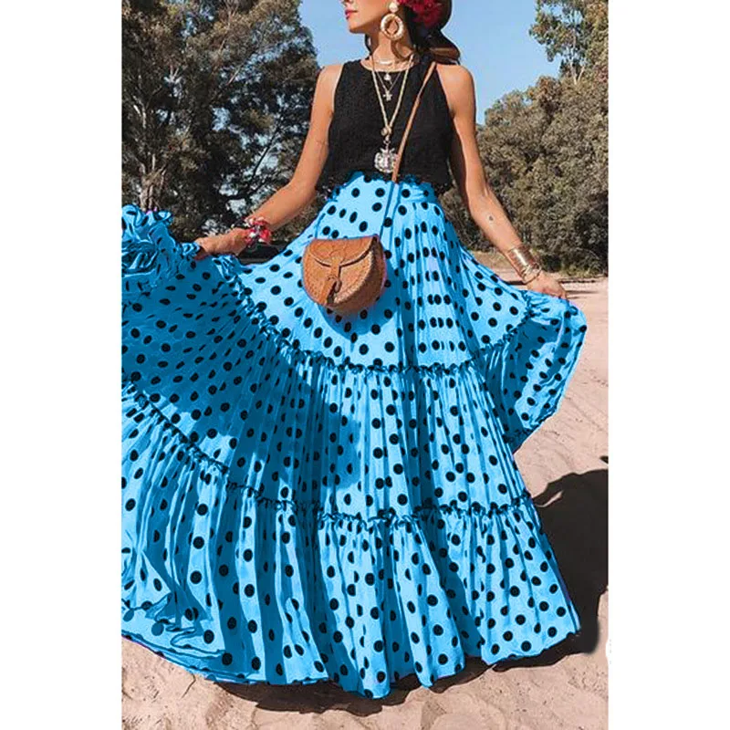Spring Summer New High Waist Polka Dot Printed Long Skirt Beach Big Hem Boho Skirt Elegant Loose Ruffled Pleated Skirt Female - Image 4