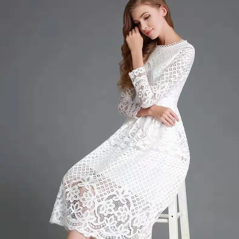 2024 European And American Autumn New Solid Color Women's Dress Round Neck Hollow Simple Lace Long Sleeve Slim Midi Dress - Image 3