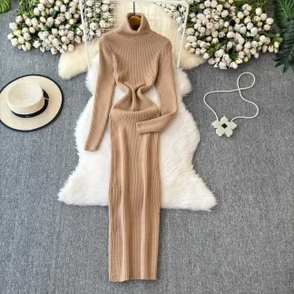 Slimming High Neck Knitted Wrap Dress Long Sleeve Autumn Winter Fashion Street Style Polyester Fiber High Elasticity Elegant...