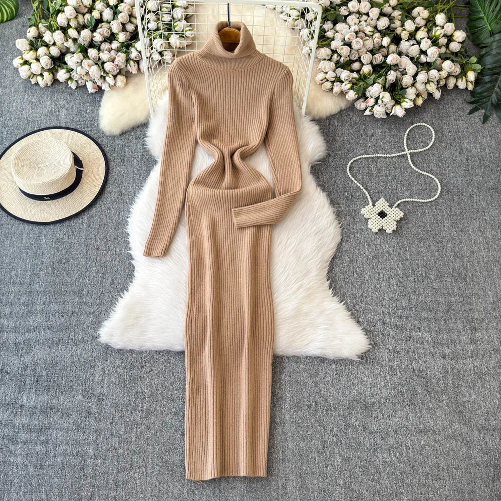 Slimming High Neck Knitted Wrap Dress Long Sleeve Autumn Winter Fashion Street Style Polyester Fiber High Elasticity Elegant...