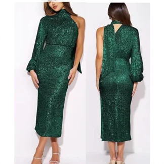 2025 Spring Sequin Design Scarf One Shoulder Round Neck Long Evening Dress Fashion Party Dress Vestidos De Fiesta