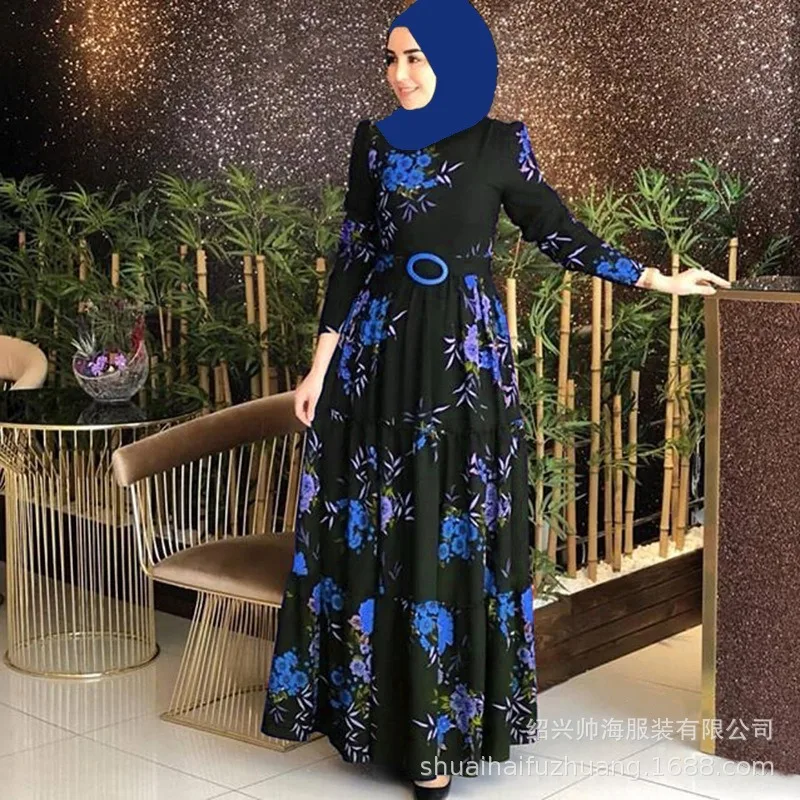 Muslim Vintage Print Dress for Women Elegant Abaya Ethnic Style Temperament Maxi Dress Turkish Kaftan Robe Belt Vestidos Femme - Image 2