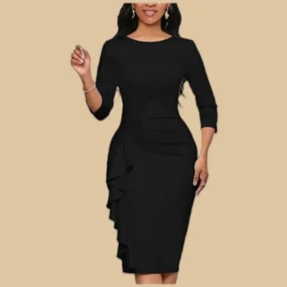 Women's Pleated Evening Dress 2025 Stretch Fabric Medium Sleeve round Neck Cocktail Party Dress Snail Skirt for Mothers