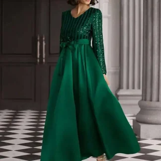 Ladies Temperament V Neck High Waisted A-E Fashion Sequin Bow Pleated Party Dress Spring Long Sleeved Patchwork Dresses