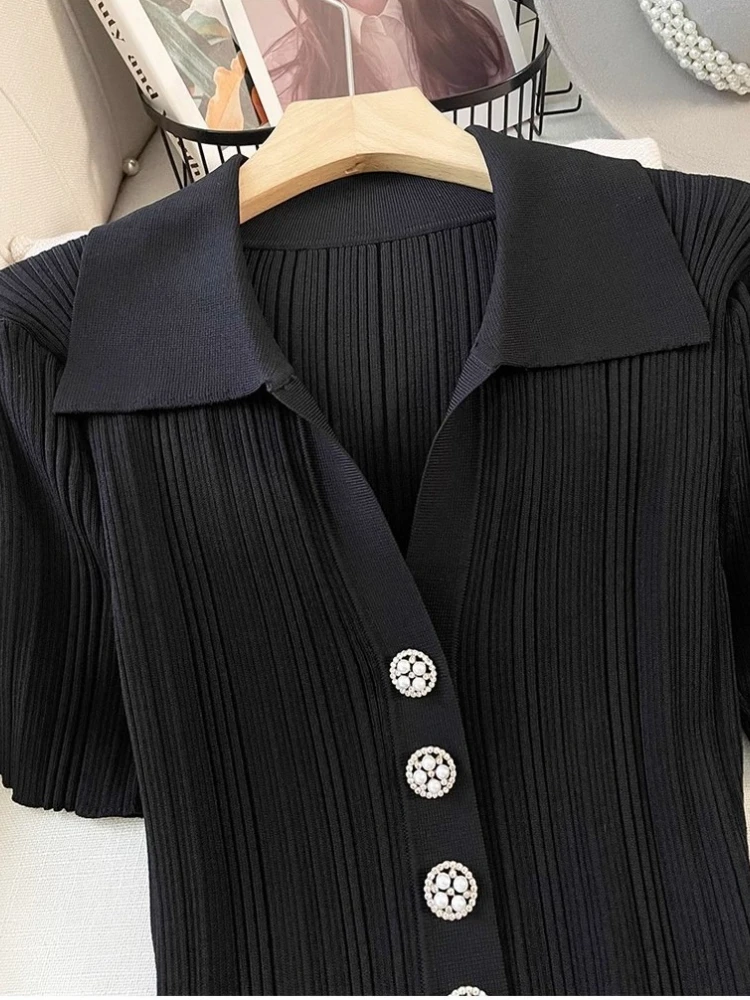 New in Summer Women's Clothing Polo Collar Short-sleeved Ice Silk Knitted Dress White Small Fresh Thin A-shaped Skirt - Image 6