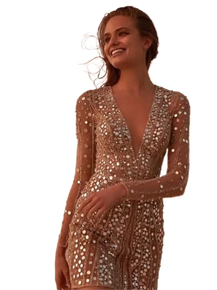 2025 Women's Deep V-neck Sequin Mini Dress Fashion Elegant Evening Dresses Temperament See Through Lace Long Sleeve Vestidos - Image 5
