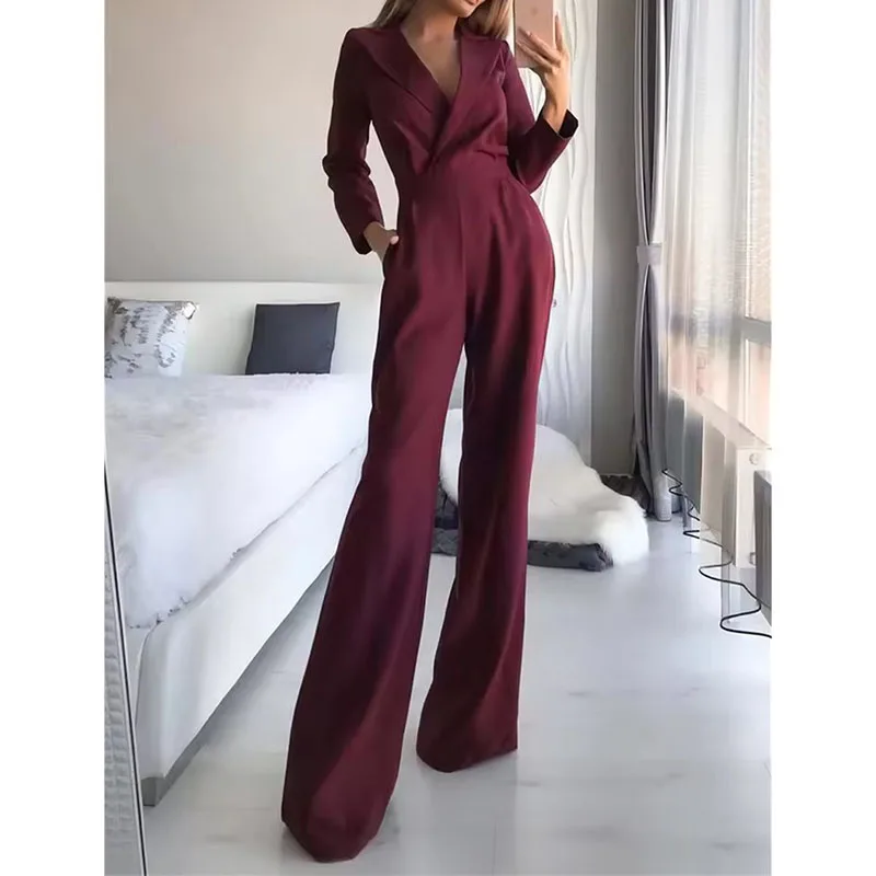 New Chinese Style 2025 Summer Women Long Sleeve V Neck Rompers Overalls One Piece Wide Leg Pants Temperament Commuting Jumpsuit - Image 2