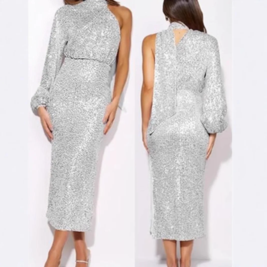 2025 Spring Sequin Design Scarf One Shoulder Round Neck Long Evening Dress Fashion Party Dress Vestidos De Fiesta - Image 2