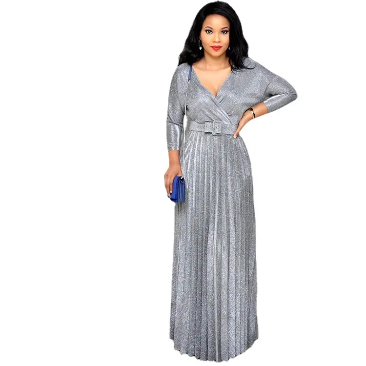 Spring 2025 African Women's Fashion Long Sleeve Gold Embossed Maxi Skirt with Belt Bright Pink Long Dress Elegant Commute Style - Image 4