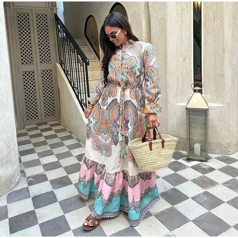 Fashion Vintage Single Breast Stand Collar Print Dress High Waist Lantern Sleeve Loose Vestidos Spring Lady Cuasal Vocation Robe - Image 2