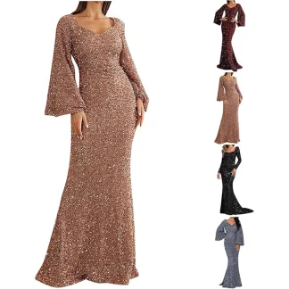 2025 New Fashion V-Neck Sequin Bodycon Dress with Mid-Waist and Flared Long Sleeves Evening Gown