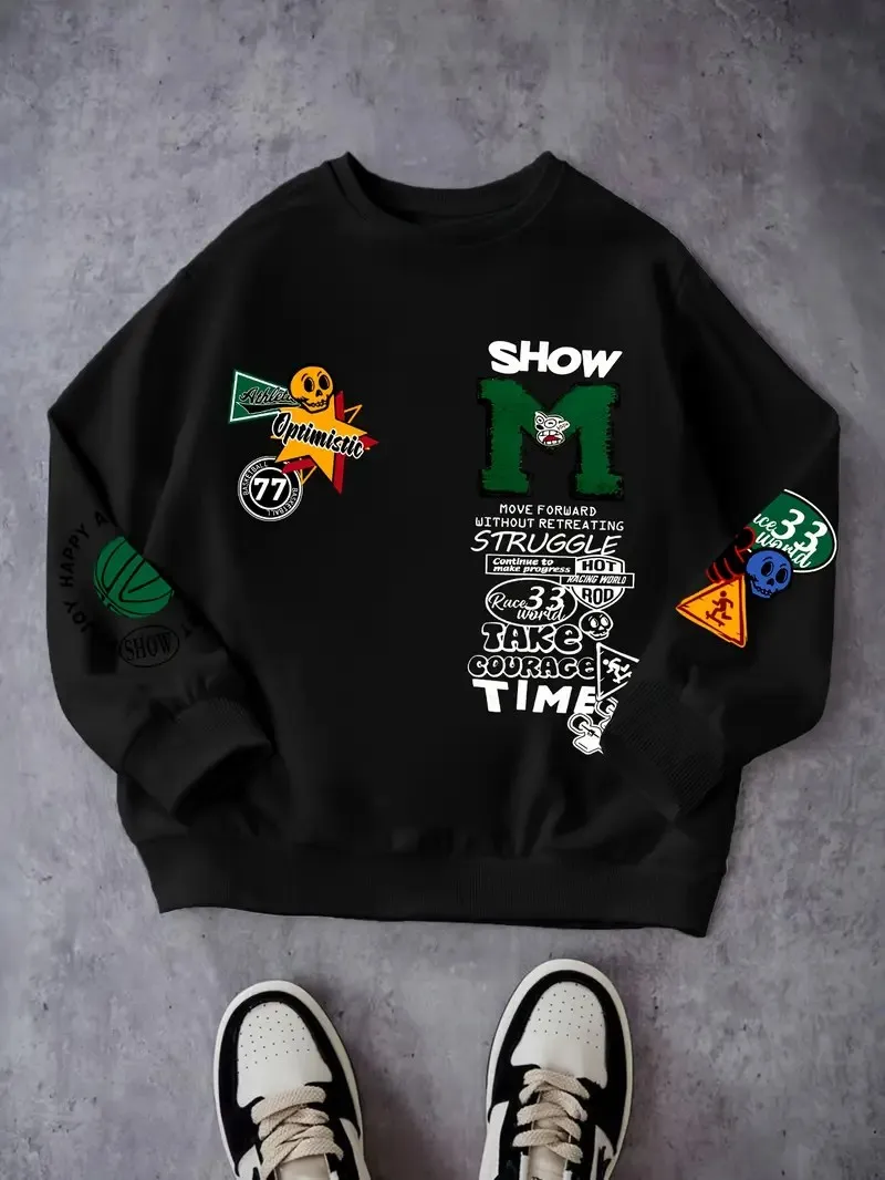 The new men's round-neck hoodie for Spring and Autumn 2025 features a street casual and fashionable 3D letter pattern print