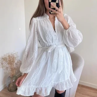 Sexy V-neck Long Sleeve Pure Color Dress with Belt And Lace Hem Mini Skirt for Women Autumn Spring Fashion Cross-border Style