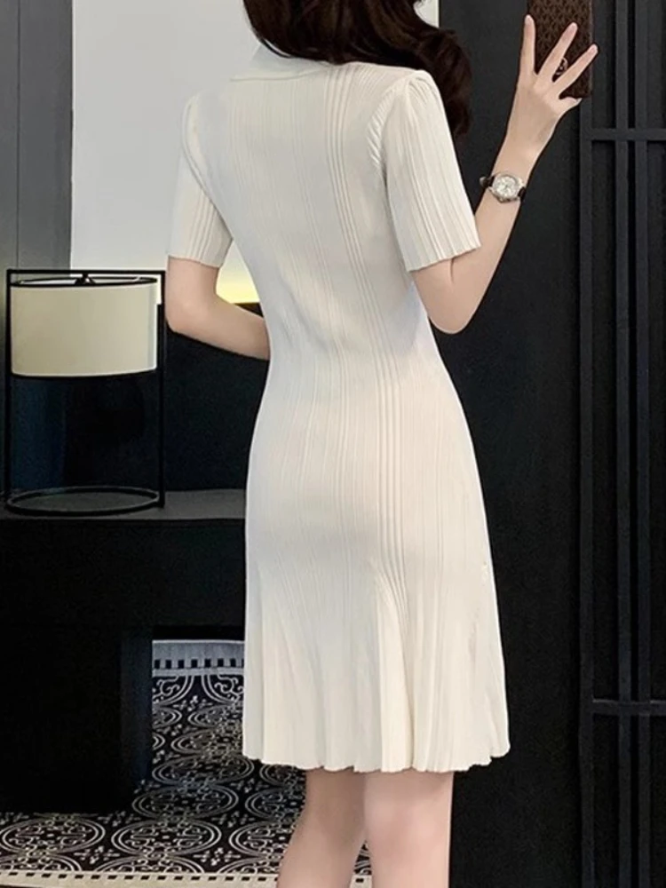 New in Summer Women's Clothing Polo Collar Short-sleeved Ice Silk Knitted Dress White Small Fresh Thin A-shaped Skirt - Image 2