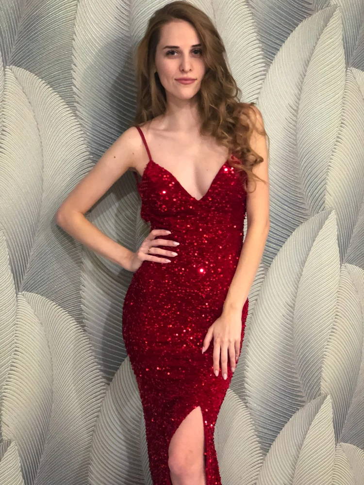 Sexy V Neck Backless Sequined Maxi Dress Stretch Split Sleeveless Open Back Evening Night Party Dress - Image 3