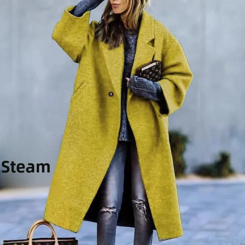 Spring Hot Sale Of The Season Women's Casual Long Pure Color Warm Woolen Coat Durable Polyester Fiber V-Neck Full Sleeve Geometr