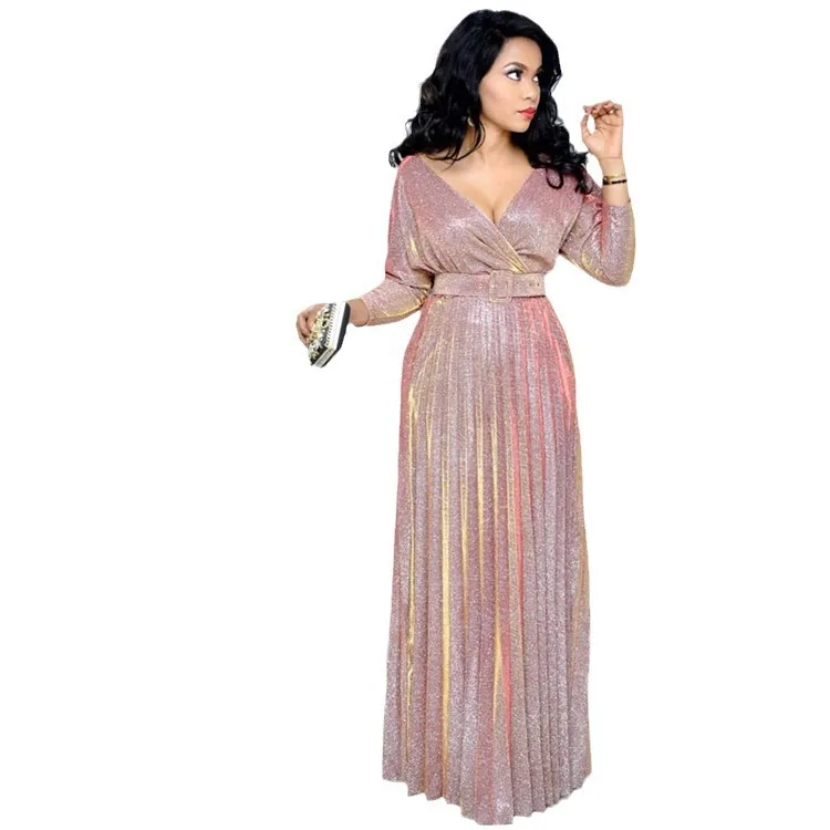 Spring 2025 African Women's Fashion Long Sleeve Gold Embossed Maxi Skirt with Belt Bright Pink Long Dress Elegant Commute Style - Image 5