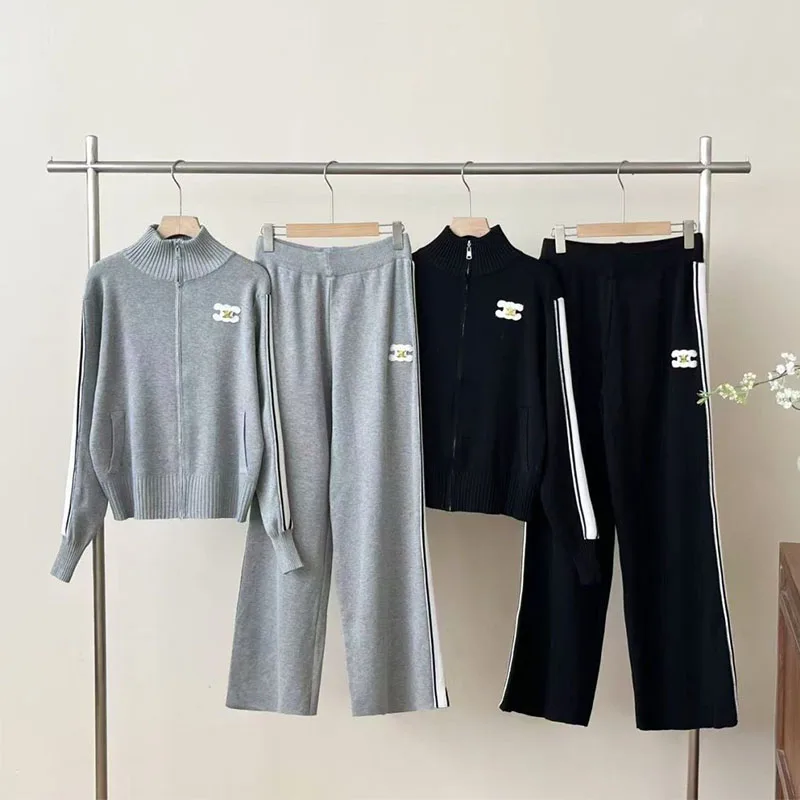 2024 new slim fit knitted two-piece sports style zipper top and wide leg pants multifunctional high-end set new repair - Image 4