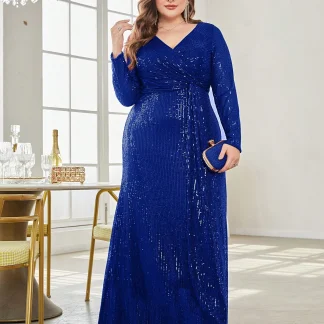 Plus Size Luxury V-Neck Long Sleeves Sequins Evening Dresses Women Elegant Party Maxi Cocktail Graduation Gowns