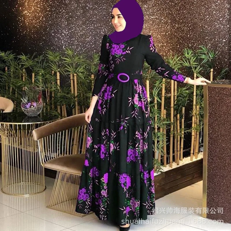 Muslim Vintage Print Dress for Women Elegant Abaya Ethnic Style Temperament Maxi Dress Turkish Kaftan Robe Belt Vestidos Femme - Image 3