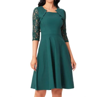 2025 Women's Retro Floral Lace Splicing Dress Spring New Fashion Solid Color Square Neck Three Quarter Sleeves Elegant Dress