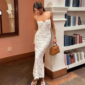 French Vintage Lace Mesh Sexy Strap Dress Women Pure Desire Spicy Slimming Long Dress Name Lady Style V-neck Ankle-length