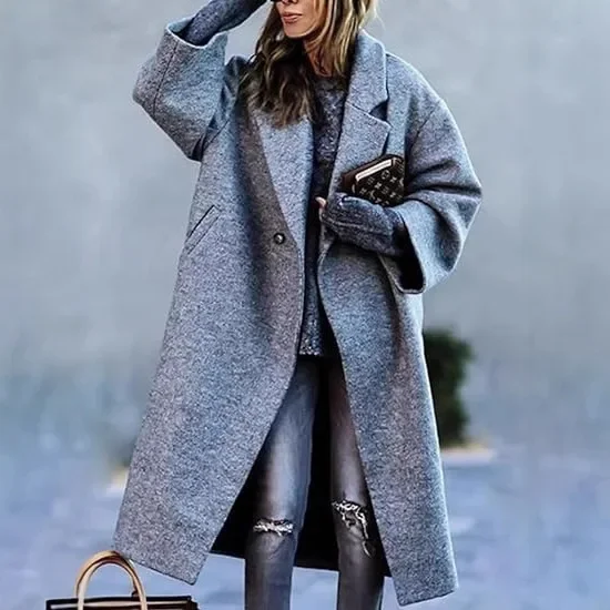 Spring Hot Sale Of The Season Women's Casual Long Pure Color Warm Woolen Coat Durable Polyester Fiber V-Neck Full Sleeve Geometr - Image 4