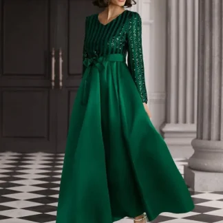 New Elegant Shiny Sequin Commute Solid Color Mid Waist Beaded Hostess Ball Gown Evening Dress Long Sleeve V Neck Princess Sleeve