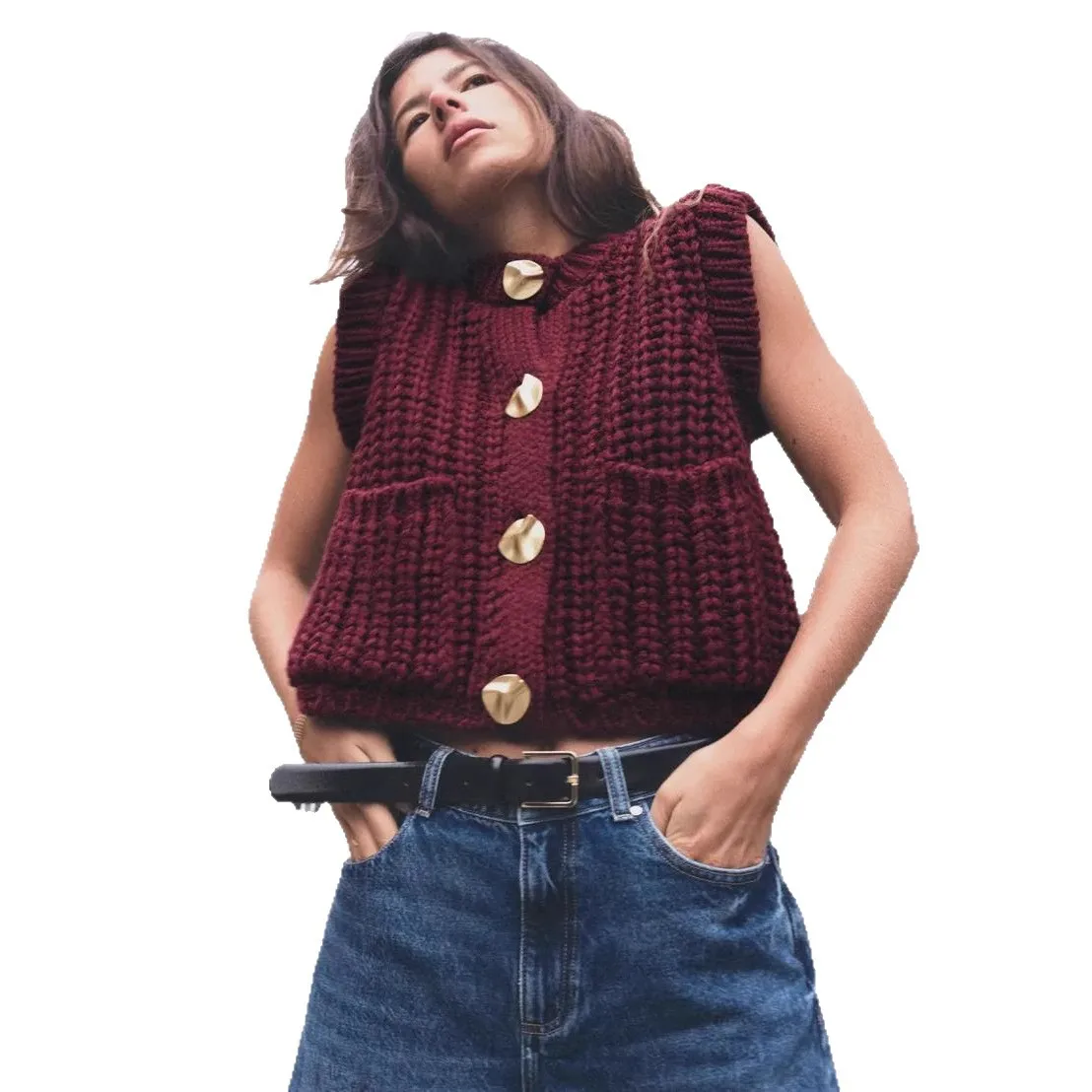 Knitted Vests Jackets Women Solid Coats Pocket Button Round Neck Sleeveless Single Breasted Loose Office Lady Casual 2025 Spring - Image 5
