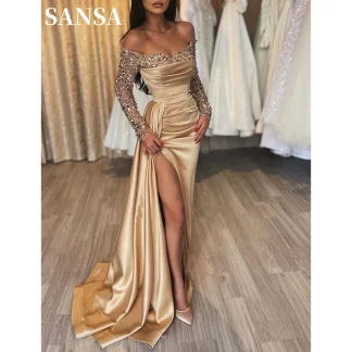 Sansa Mermaid Satin Prom Dresses Off Shoulder Vestidos De Noche Customized Long SLeeves Sexy Side High Split Formal Evening