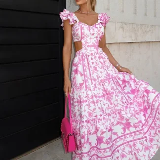 TOY-2025Women's Elegant Floral Print Hollow Out Waist Dress with Flutter Sleeves661