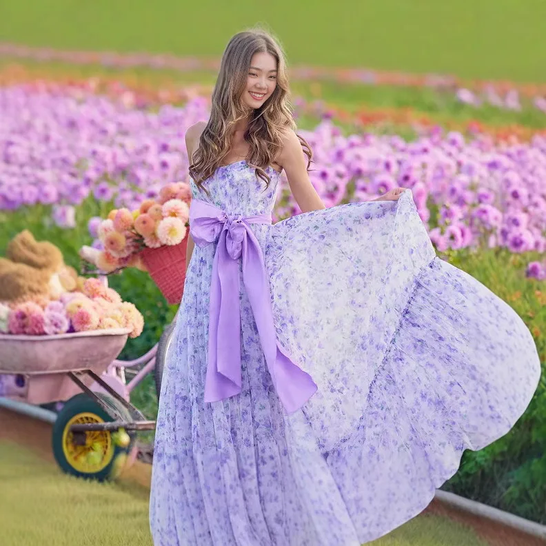 2025 Spring and Summer New Women's Floral French Sexy V-neck Ruffled Skirt with Suspenders Elegant Sleeveless Dress Lady - Image 2