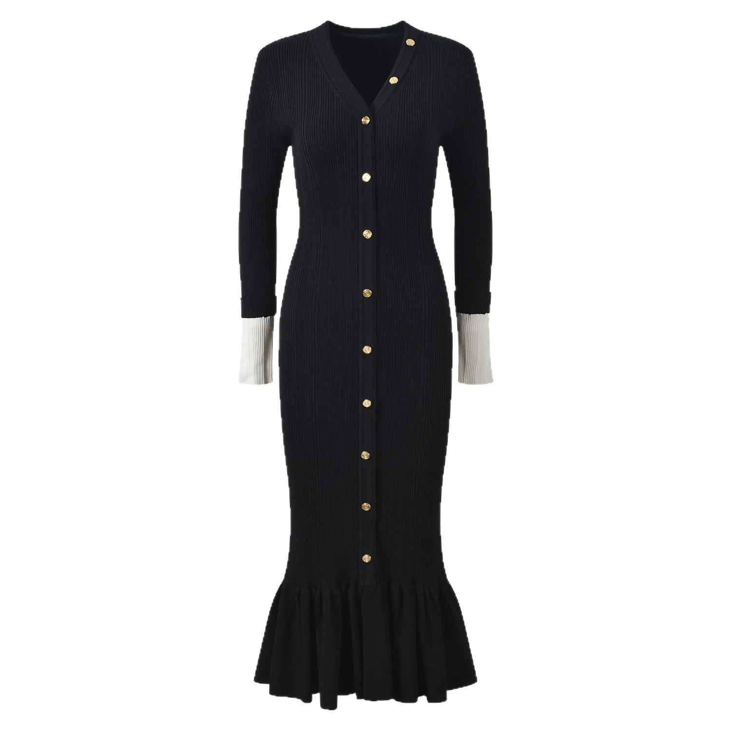 Slimming Long Sleeve V-Neck Knitted Dress Fish Tail Design High Waist Elegant Style Cross-Border Fashion Elegant Long Dress - Image 4