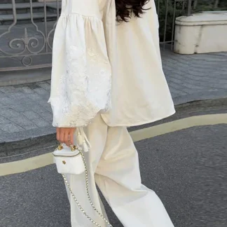 Solid Embroidered Shirt Trouser Sets Women Loose Pocket Turn-Down Collar Split Shirts Wide Leg Trousers 2025 Summer Lady Outfit