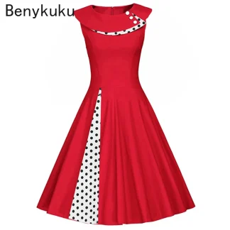 Women Summer Dresses Casual 2025 Cotton Slim Tunic Elegant 50s 60s Robe Vintage Retro Pin Up Swing Polka Dot Rockabilly Dress