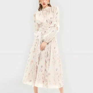 Fashionable Autumn/Winter Chiffon Printed Ruffle Edge Elegant Long Sleeve Evening Dress New Cross-Border Style Evening Dress