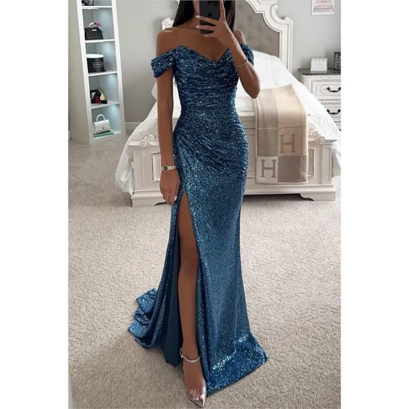 Women's Sexy Party Maxi Dress Summer New Sequined One-line Collar Slit Casual Fashion Prom Eveging Dresses For Women Robe Femme - Image 5