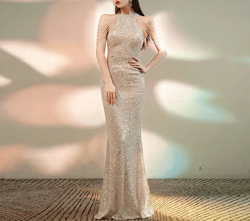 New Fashion Sexy Sleeveless Hanging Neck Chain Sequin Solid Color Slim Fit Dress For Women,4 Colors - Image 2