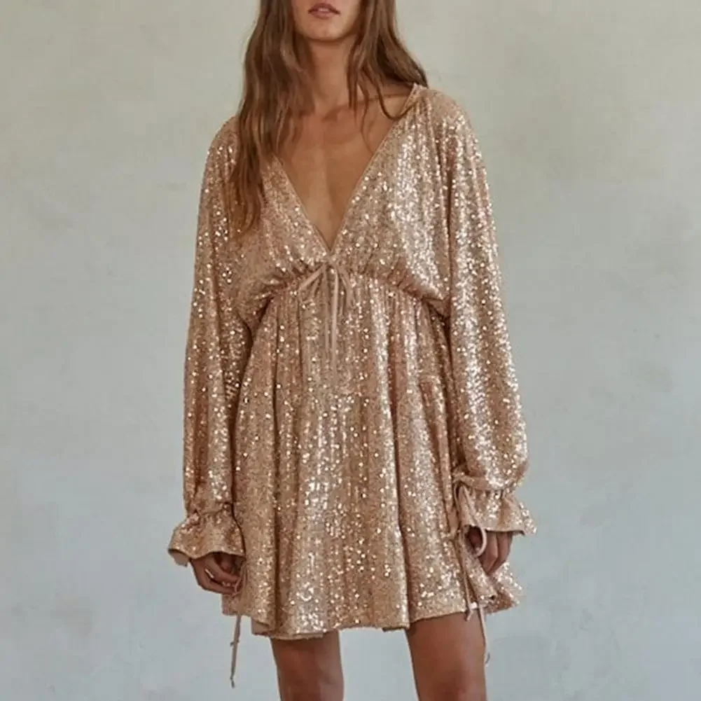 Women Sequin Dress Shimmering Deep V Neck Lady Party Dress Solid Color Long Sleeve Bow Lace-up Strap Loose Dress for Dating - Image 5