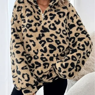 Fashion Leopard Print Sweatshirt For Women Autumn Winter New Casual Warm Plush Long Sleeve Stand Collar Zipper Pocket Top