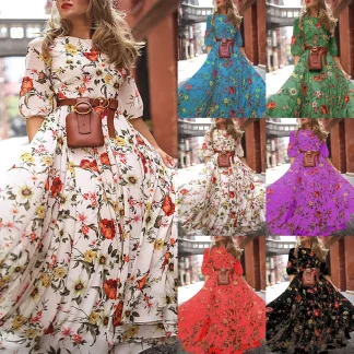 Elegant Floral Print Maxi Dress Chiffon Skirt Hemline Slim Fit Ankle Length round Neckline Regular Sleeve Origin China