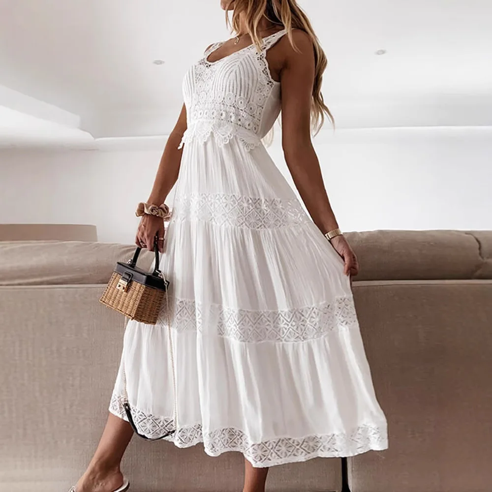 Sexy Lace Women's Summer Long Dress Casual Sleeveless Lace White Beach Sundress Elegant Evening Party Prom Maxi Dresses Female - Image 3